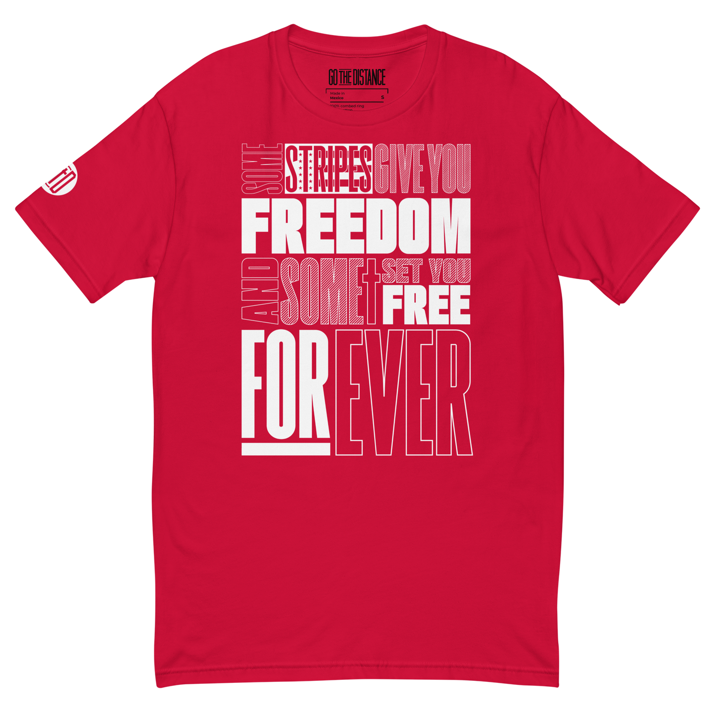 Stripes of Freedom T-Shirt | Front view, red color – Inspirational & Faith-Based Apparel