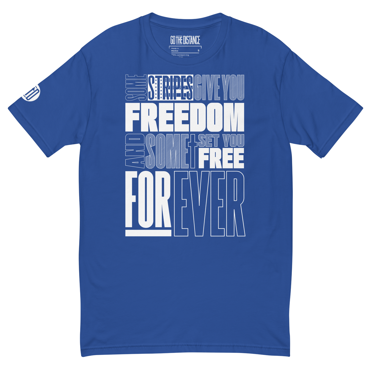 Stripes of Freedom T-Shirt | Front view, blue color – Inspirational & Faith-Based Apparel