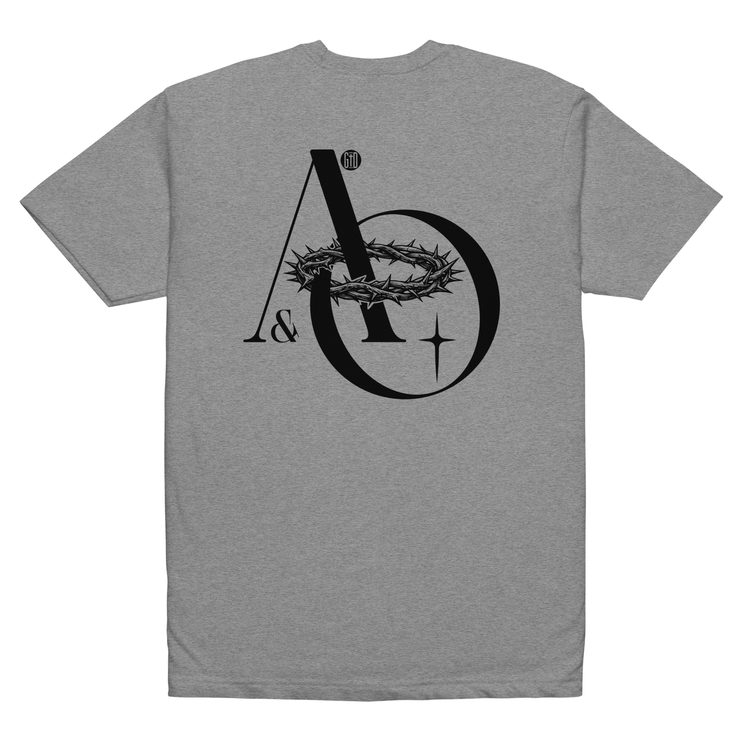 Alpha and Omega tee gray - Back View -  Christ from beginning to end, soft 60/40 cotton-poly blend