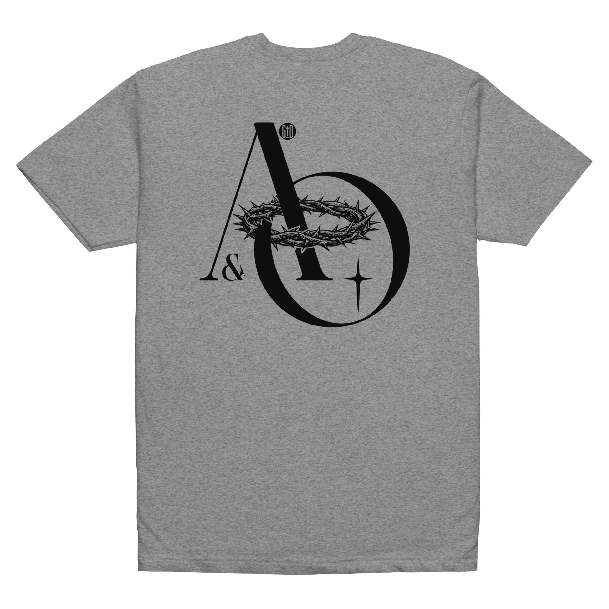 Alpha and Omega tee gray - Back View -  Christ from beginning to end, soft 60/40 cotton-poly blend
