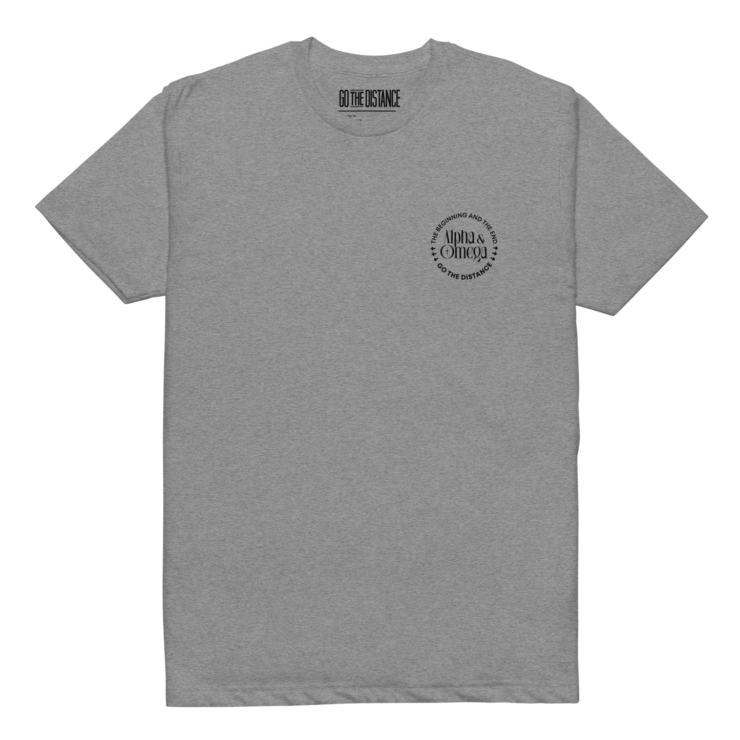Alpha and Omega tee gray - Front View -  Christ from beginning to end, soft 60/40 cotton-poly blend