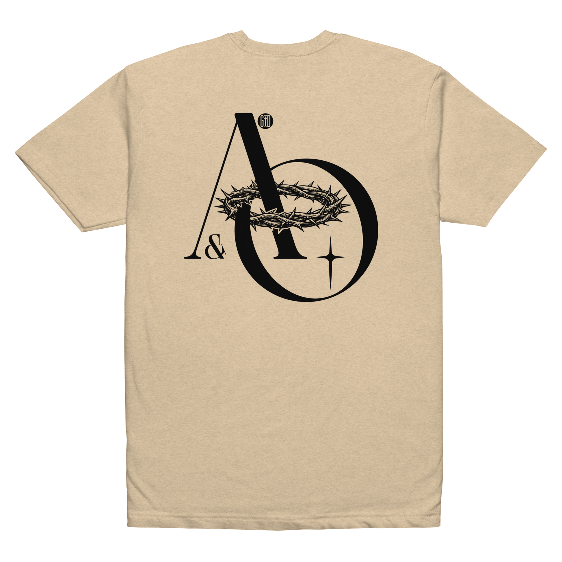 Alpha and Omega tee tan - Back View -  Christ from beginning to end, soft 60/40 cotton-poly blend
