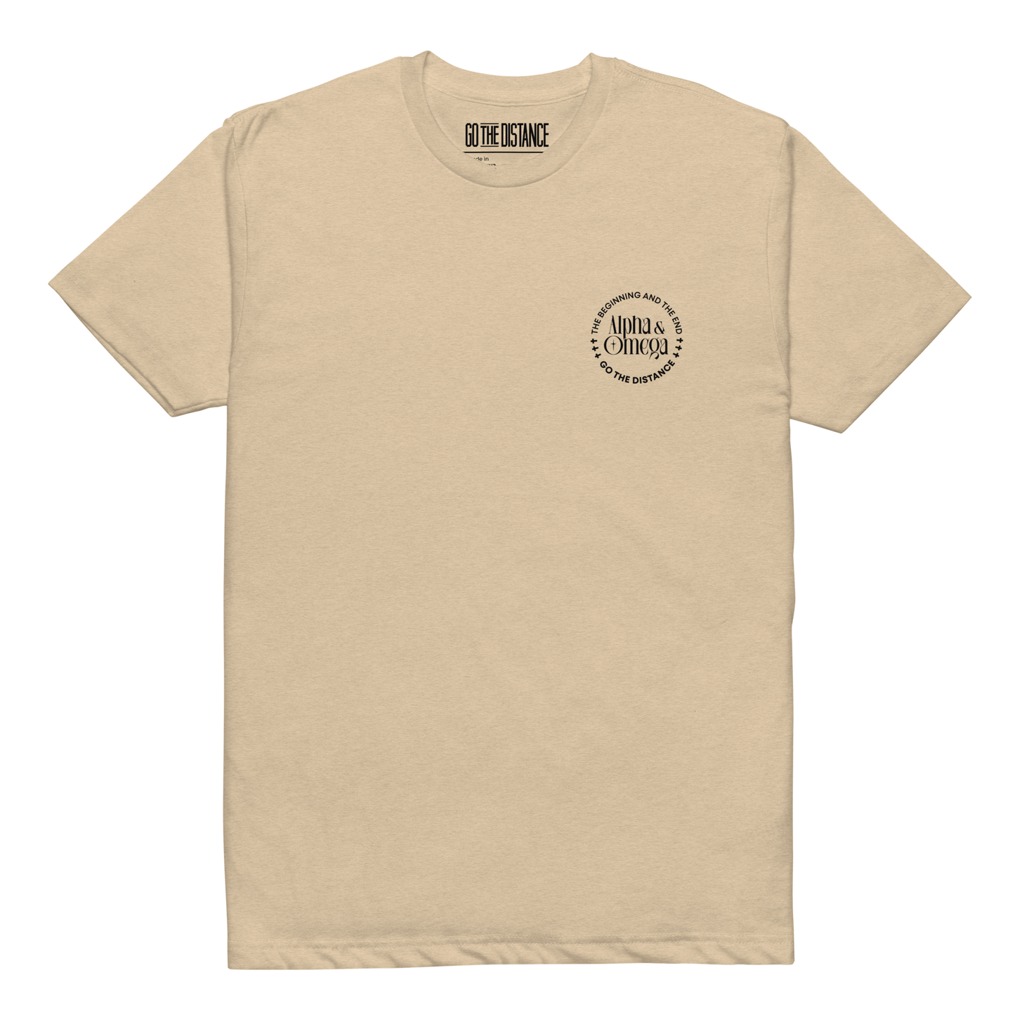 Alpha and Omega tee tan - Front View -  Christ from beginning to end, soft 60/40 cotton-poly blend