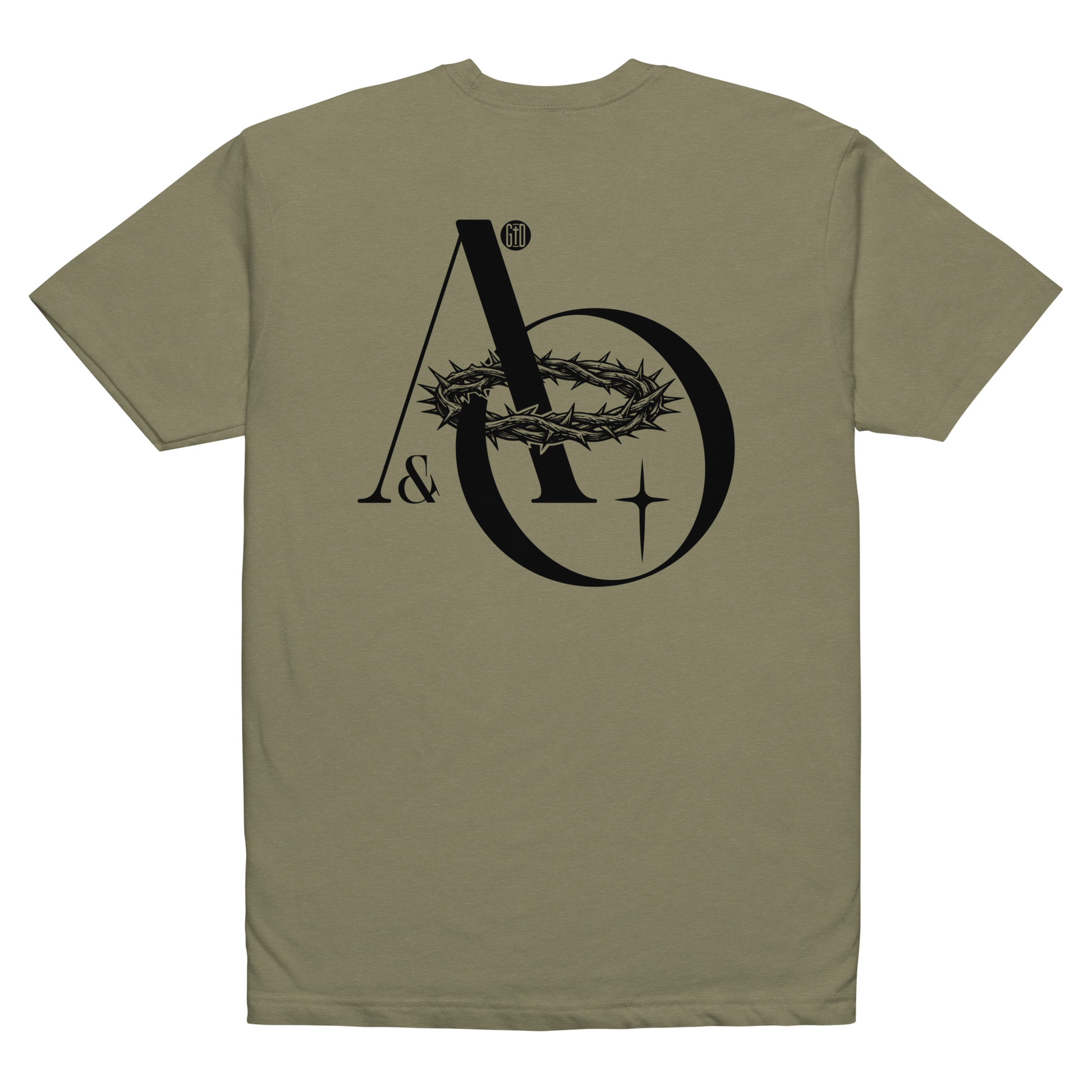 Alpha and Omega tee green - Back View -  Christ from beginning to end, soft 60/40 cotton-poly blend