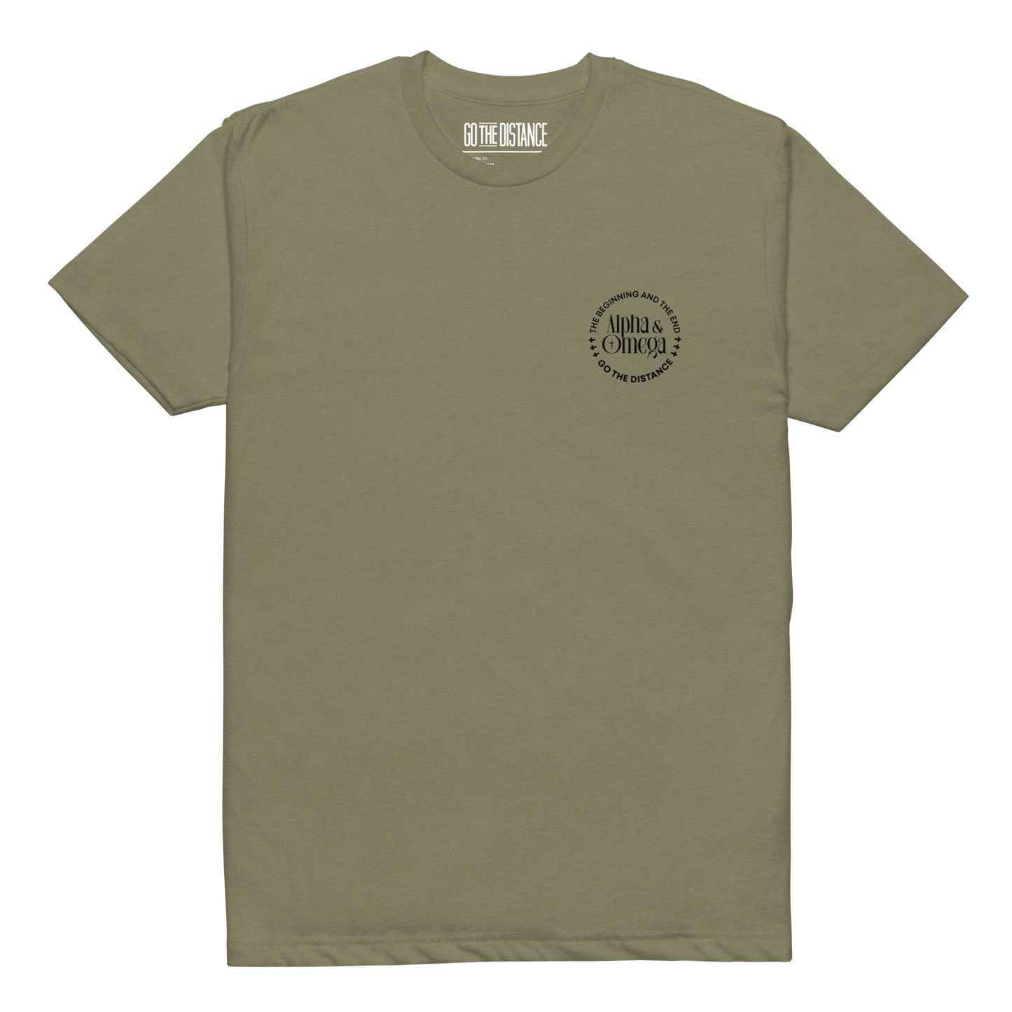 Alpha and Omega tee green - Front View -  Christ from beginning to end, soft 60/40 cotton-poly blend
