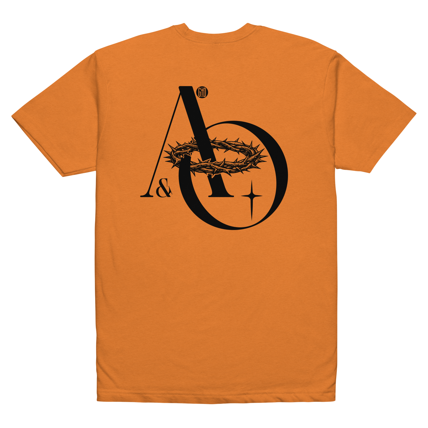 Alpha and Omega tee orange - Back View -  Christ from beginning to end, soft 60/40 cotton-poly blend