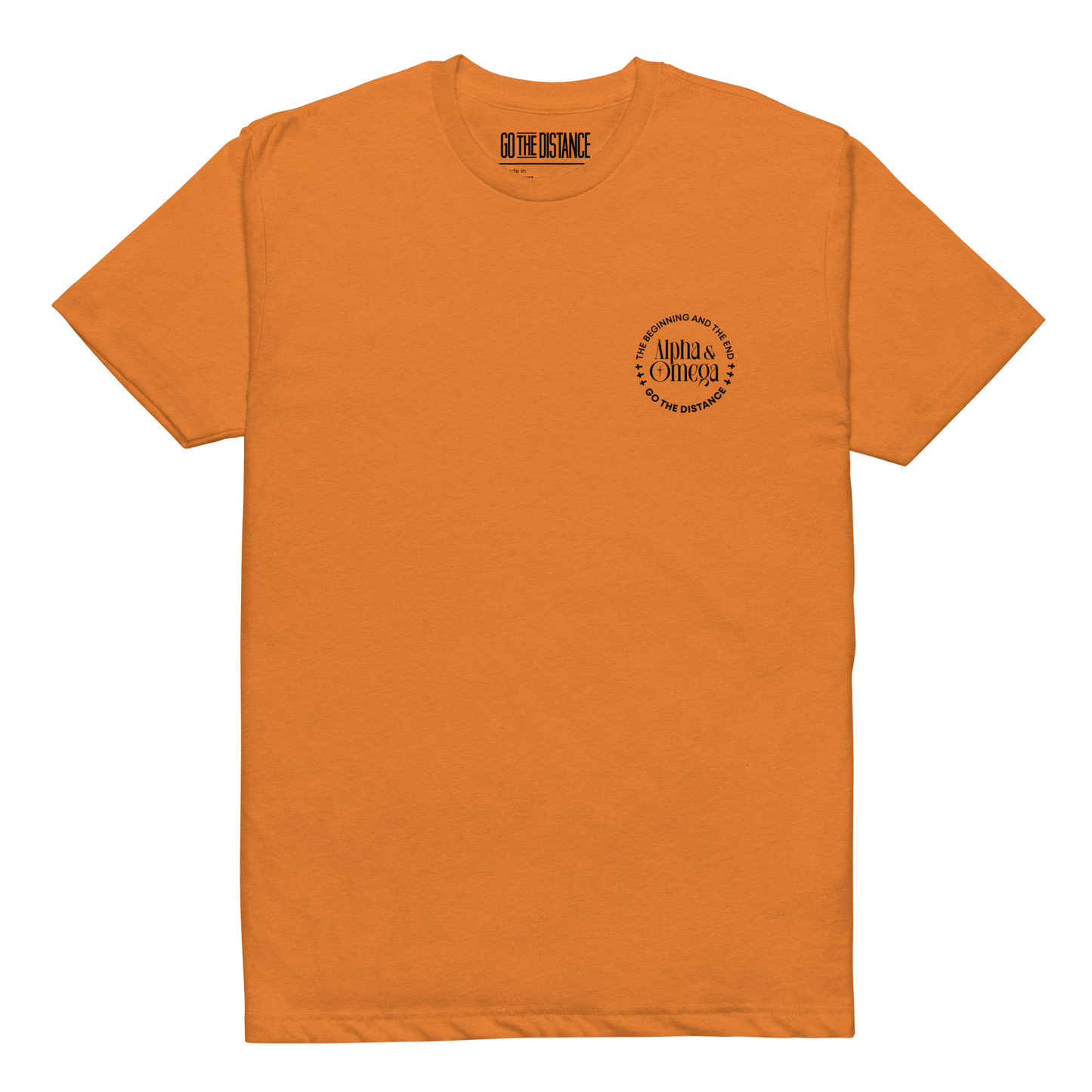 Alpha and Omega tee orange - Front View -  Christ from beginning to end, soft 60/40 cotton-poly blend