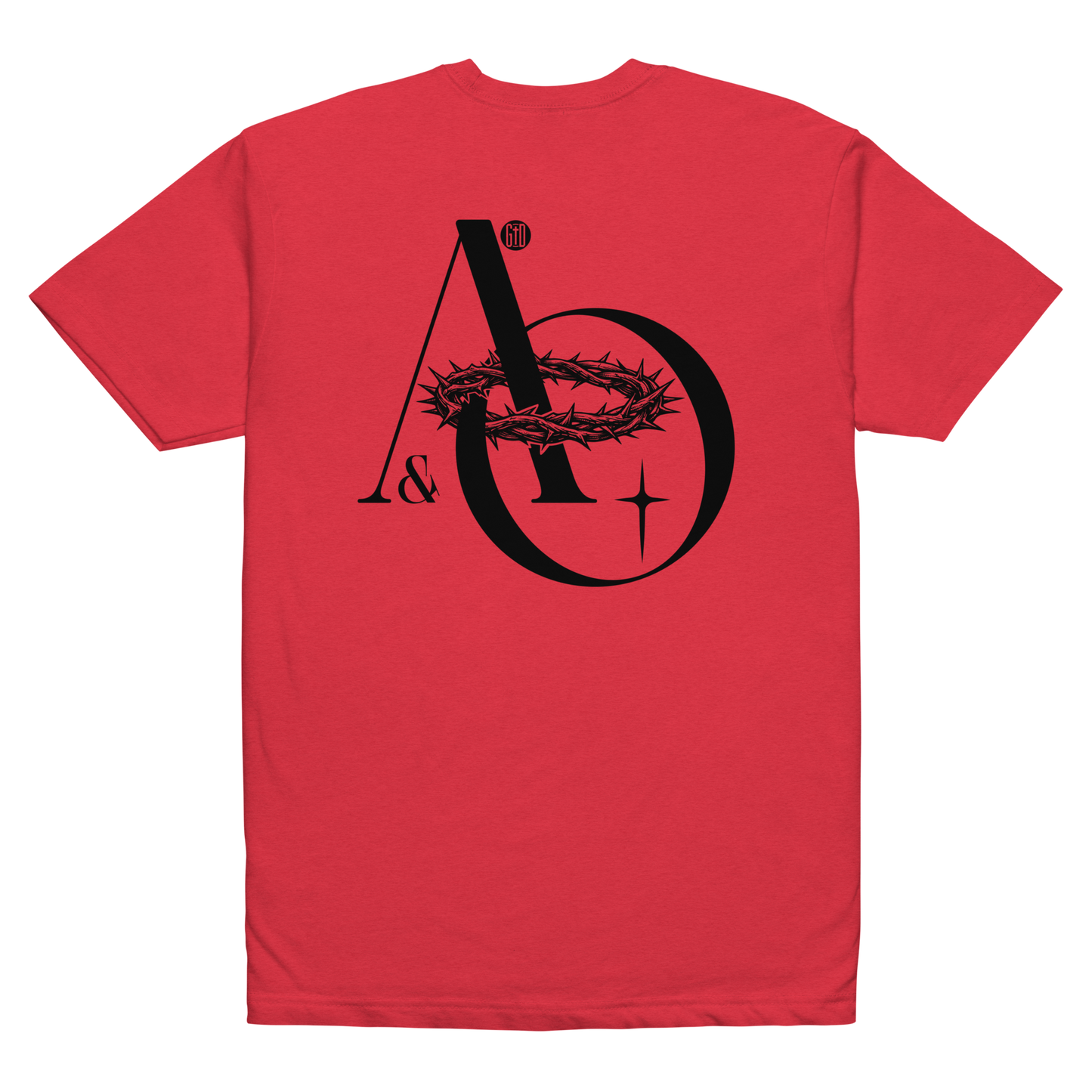 Alpha and Omega tee red - Back View -  Christ from beginning to end, soft 60/40 cotton-poly blend