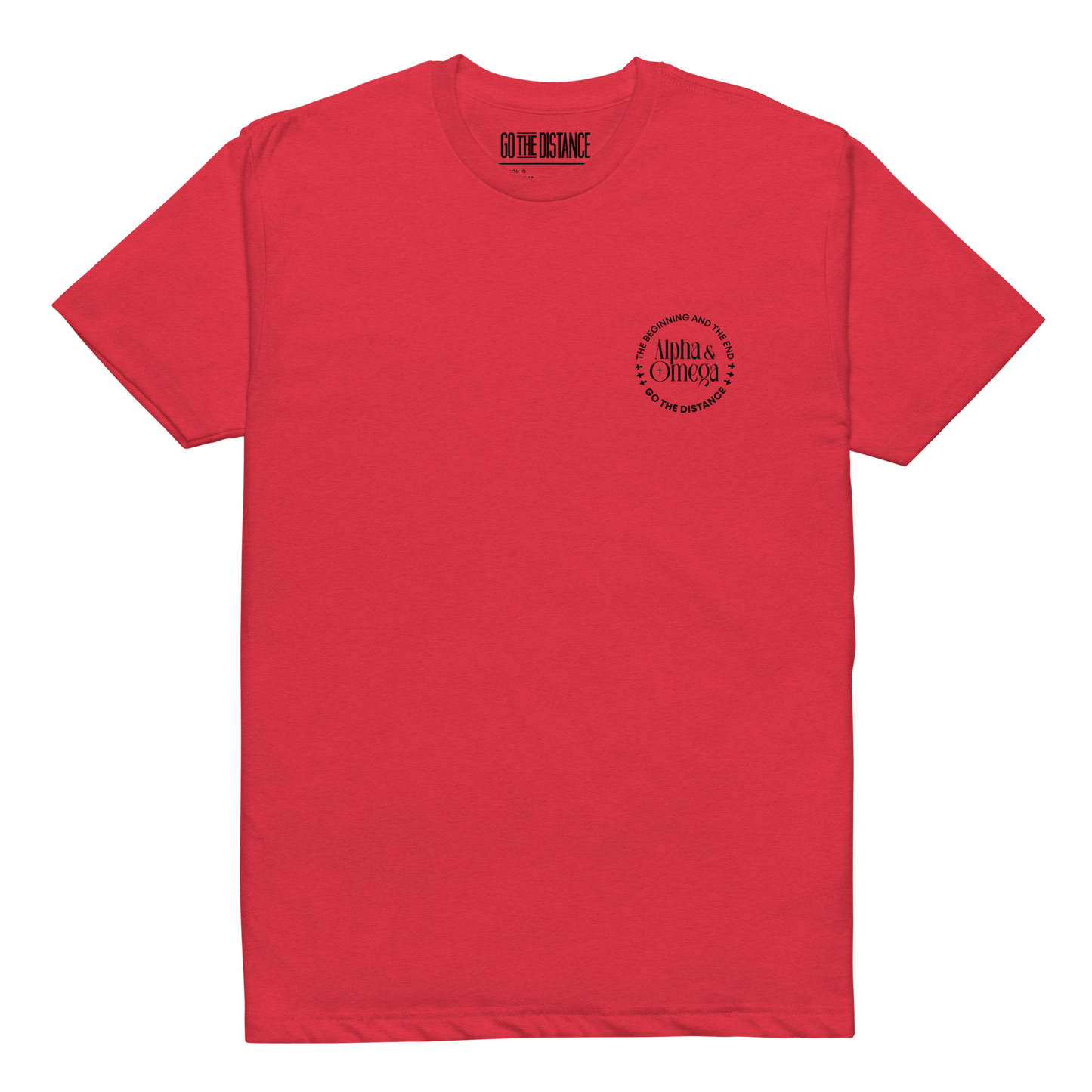 Alpha and Omega tee red - Front View -  Christ from beginning to end, soft 60/40 cotton-poly blend