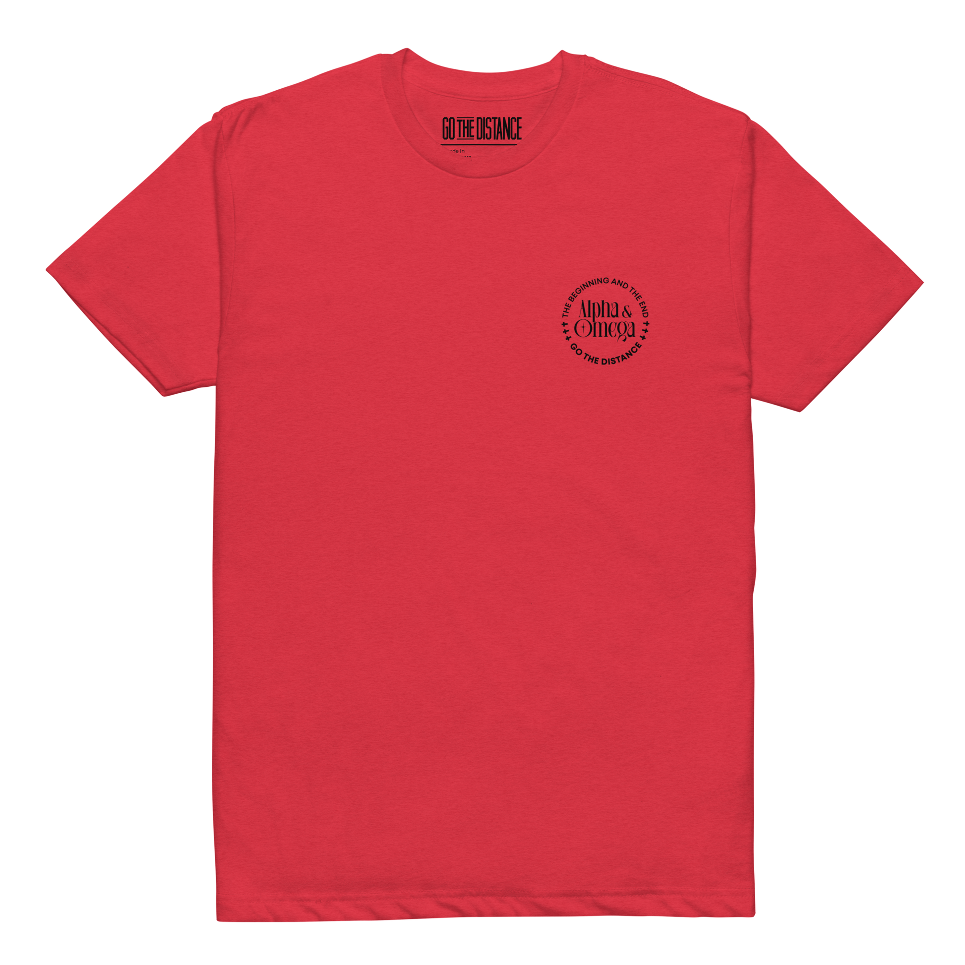 Alpha and Omega tee red - Front View -  Christ from beginning to end, soft 60/40 cotton-poly blend