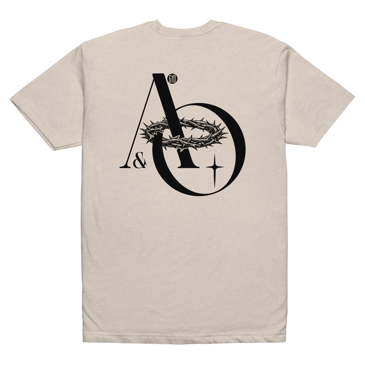 Alpha and Omega tee sand - Back View -  Christ from beginning to end, soft 60/40 cotton-poly blend
