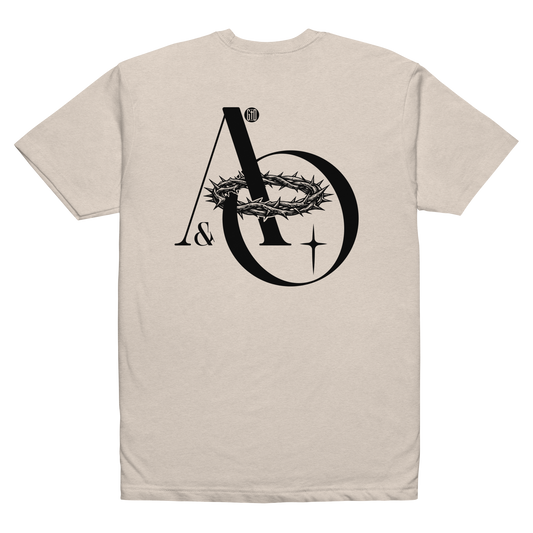 Alpha and Omega tee sand - Back View -  Christ from beginning to end, soft 60/40 cotton-poly blend