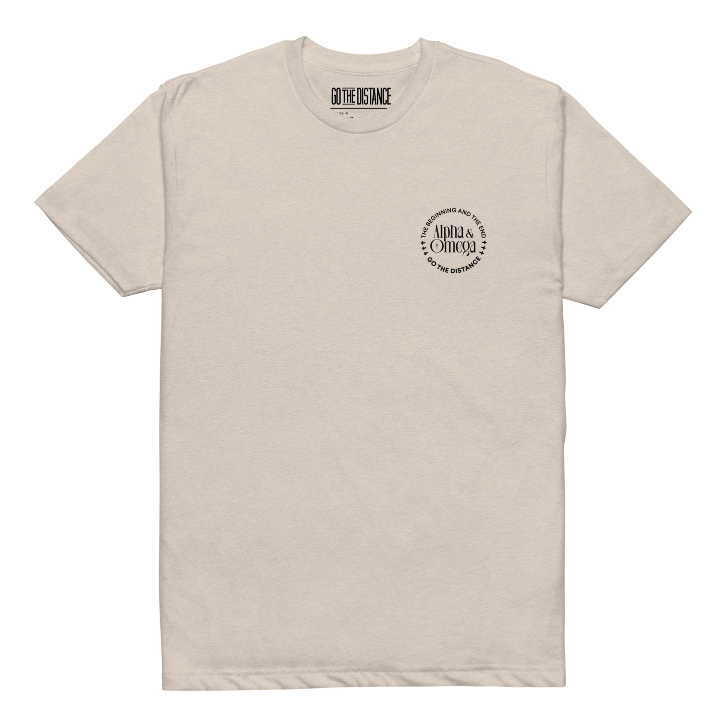 Alpha and Omega tee sand - Front View -  Christ from beginning to end, soft 60/40 cotton-poly blend