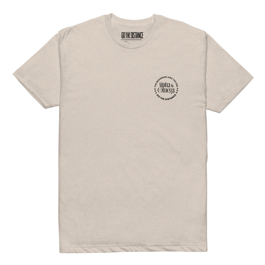 Alpha and Omega tee sand - Front View -  Christ from beginning to end, soft 60/40 cotton-poly blend
