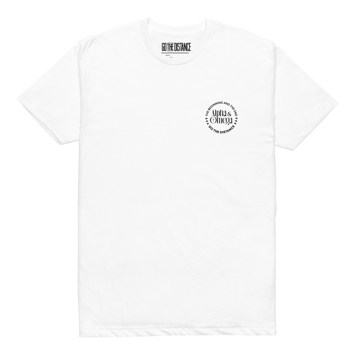 Alpha and Omega tee white - Front View -  Christ from beginning to end, soft 60/40 cotton-poly blend