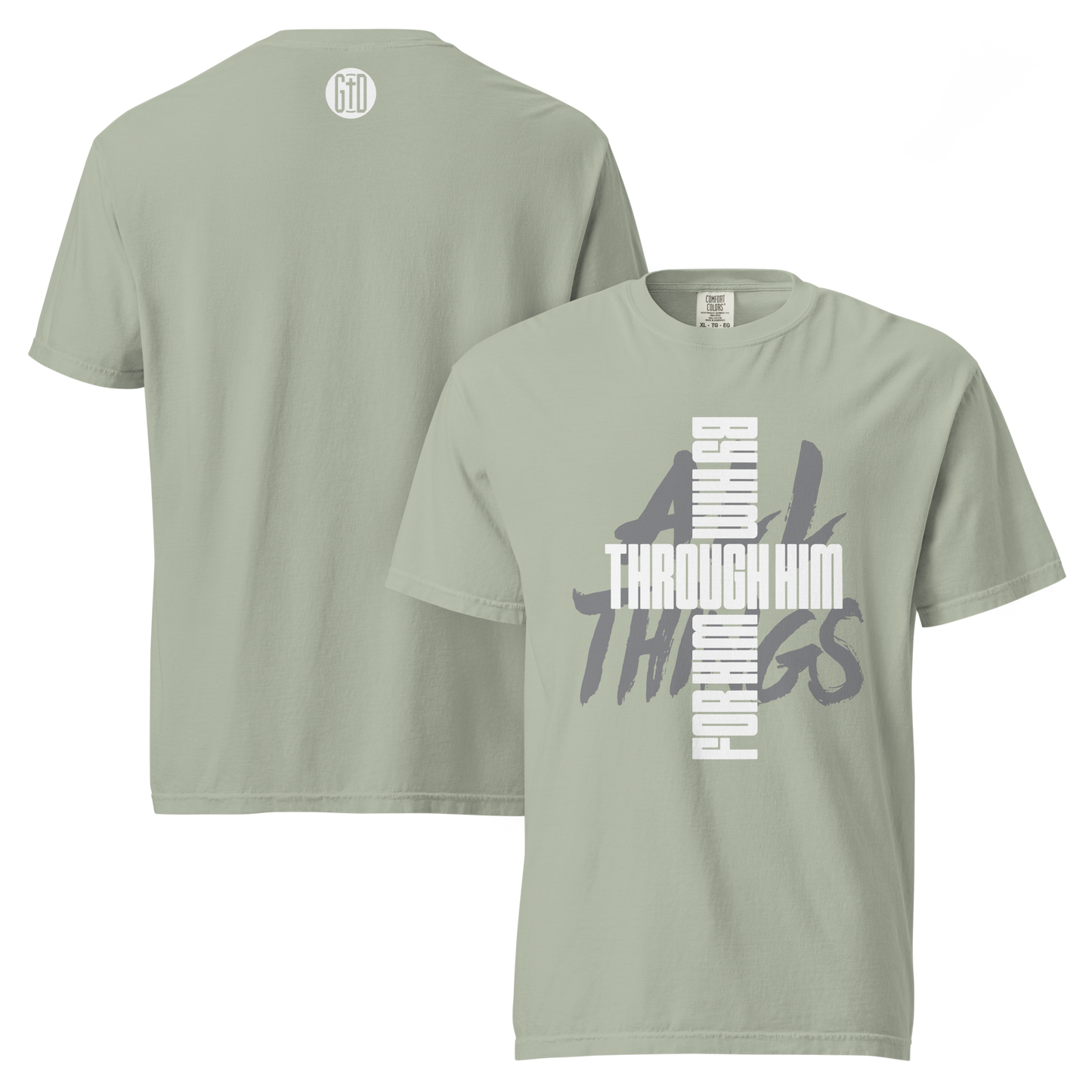 All Things tee bay beige front & back - Christ reconciles all, garment-dyed cotton