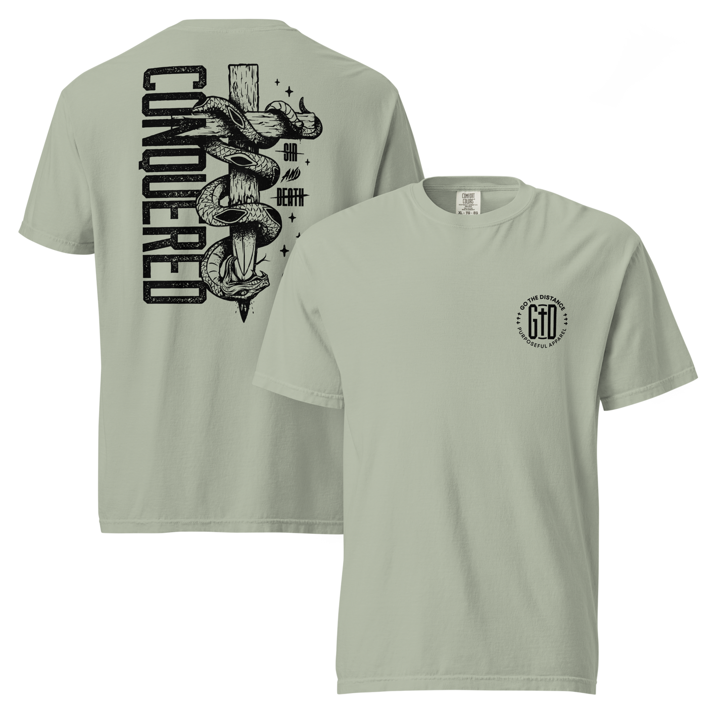 Conquered tee bay beige front & back - Christ's victory, sin defeated, death disarmed