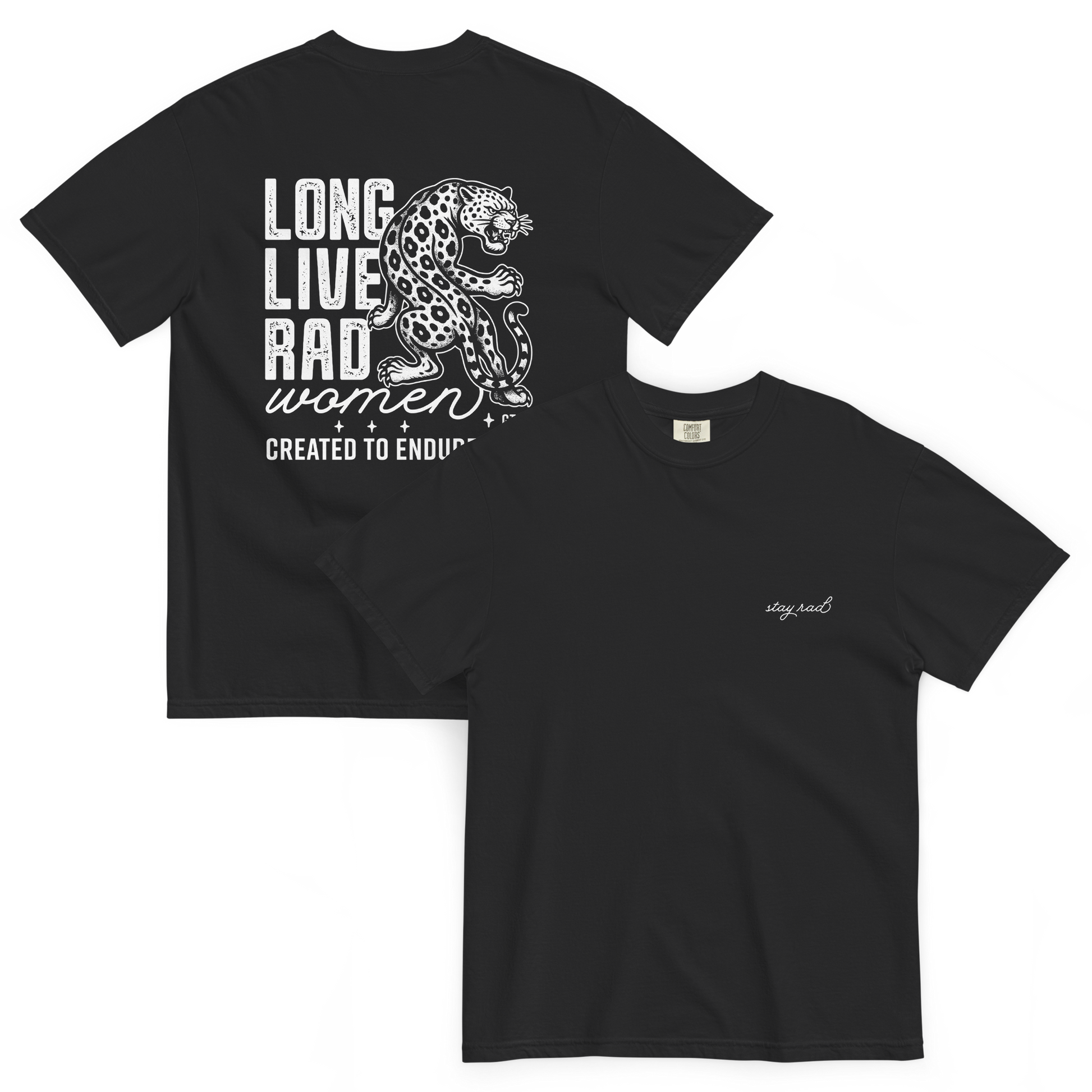 Long Live Rad Women tee leopard black front & back - GTC 2026, built to endure & thrive