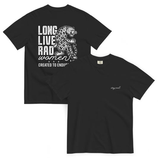 Long Live Rad Women tee leopard black front & back - GTC 2026, built to endure & thrive