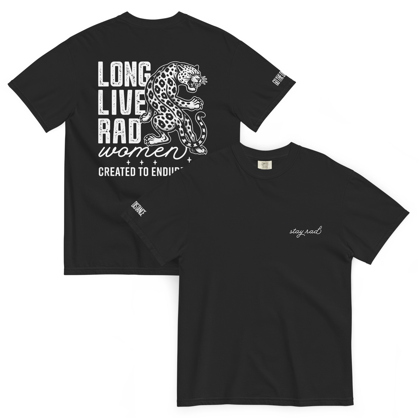 Long Live Rad Women Leapord tee black front & back - women who lead & endure, relaxed fit cotton