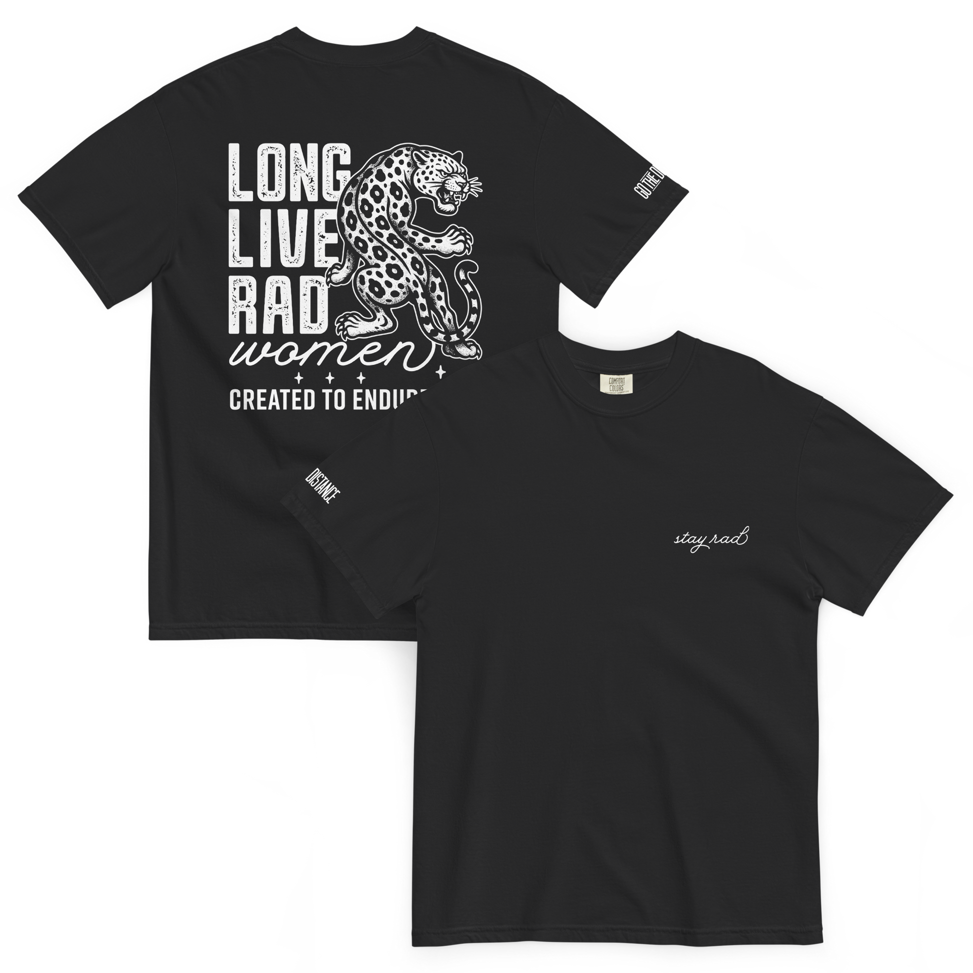 Long Live Rad Women Leapord tee black front & back - women who lead & endure, relaxed fit cotton