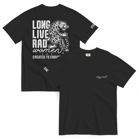 Long Live Rad Women Leapord tee black front & back - women who lead & endure, relaxed fit cotton