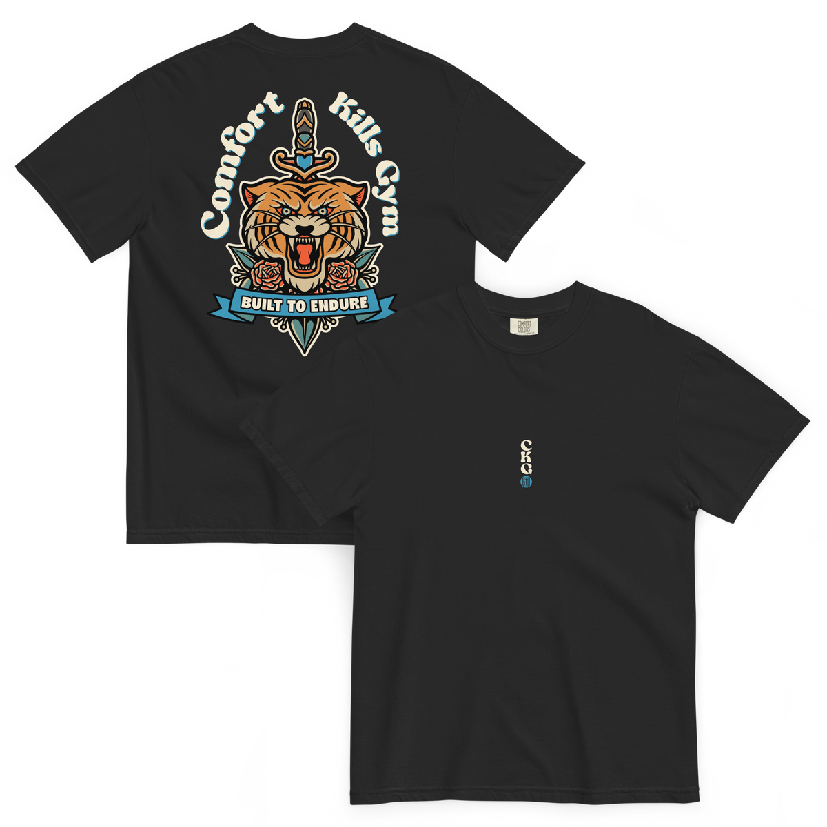 Fierce and Fearless (black tee) — roaring tiger with dagger and roses, tattoo-style graphic