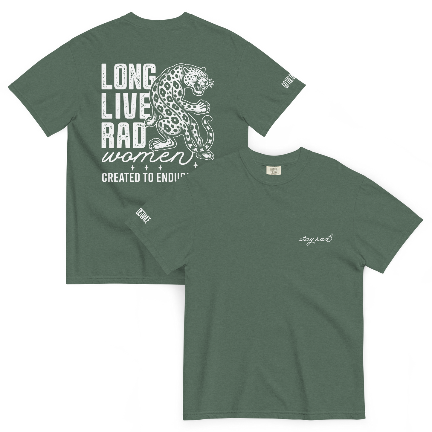 Long Live Rad Women Leapord tee blue spruce front & back - women who lead & endure, relaxed fit cotton