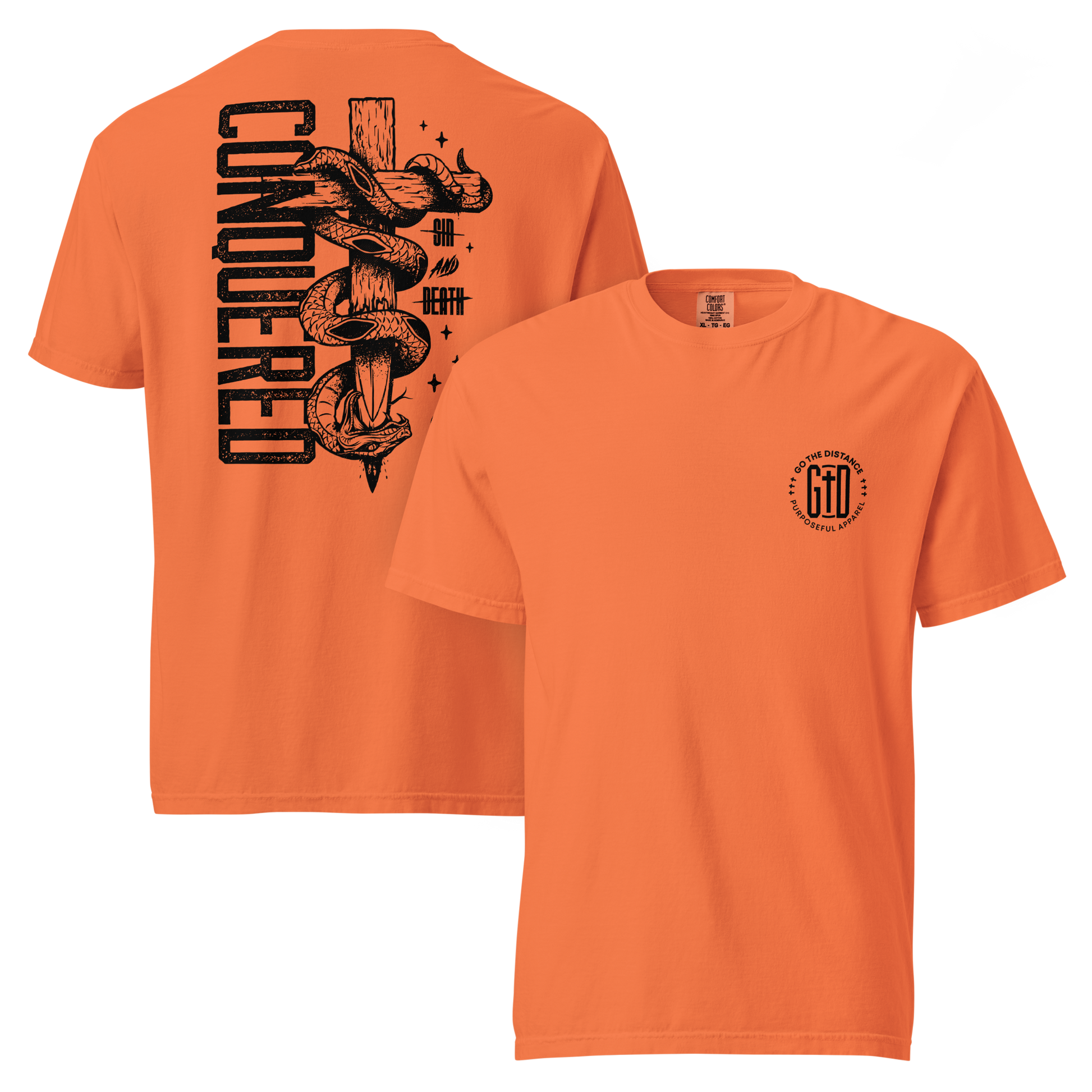 Conquered tee burnt orange front & back - Christ's victory, sin defeated, death disarmed