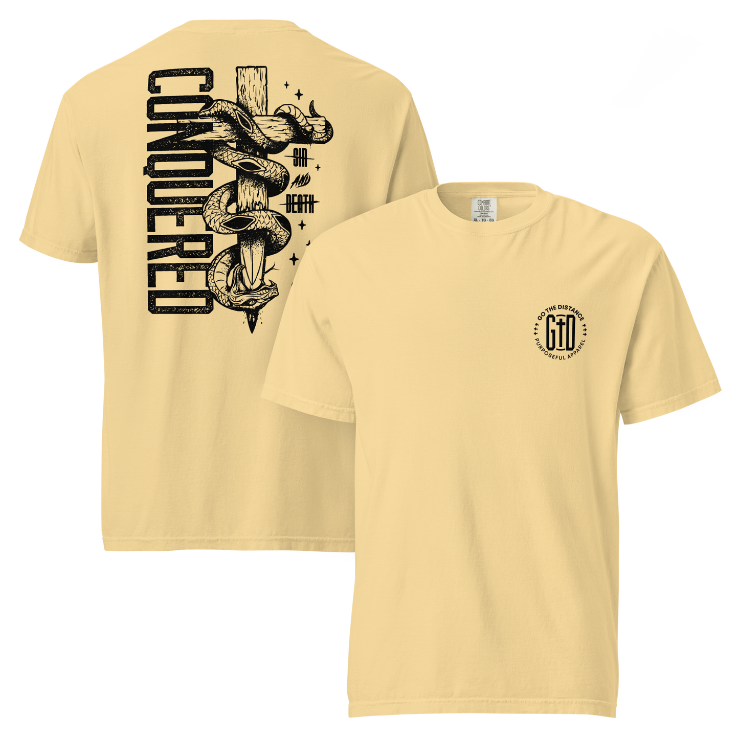 Conquered tee butter yellow front & back - Christ's victory, sin defeated, death disarmed