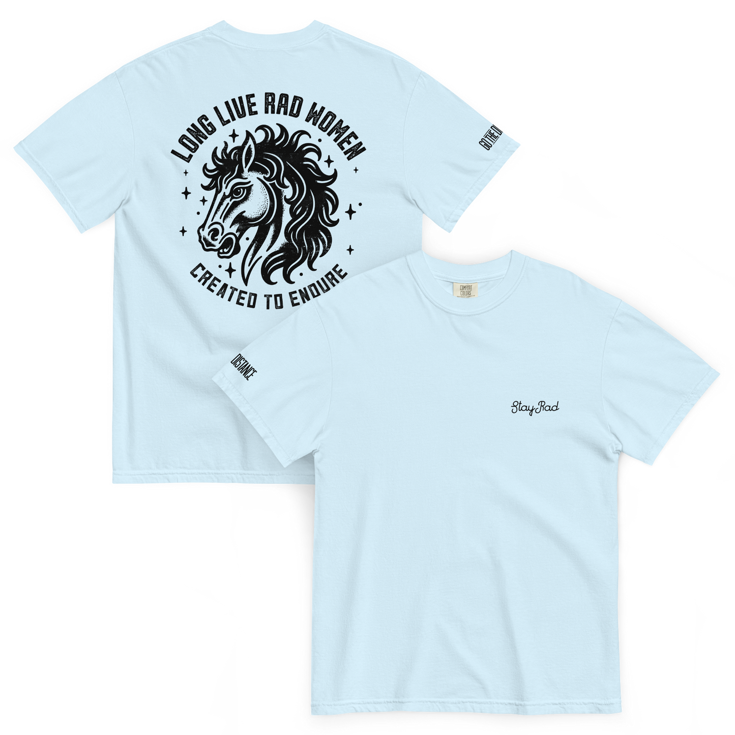 Long Live Rad Women Stallion tee chambray front & back - women who endure with grit, relaxed fit cotton
