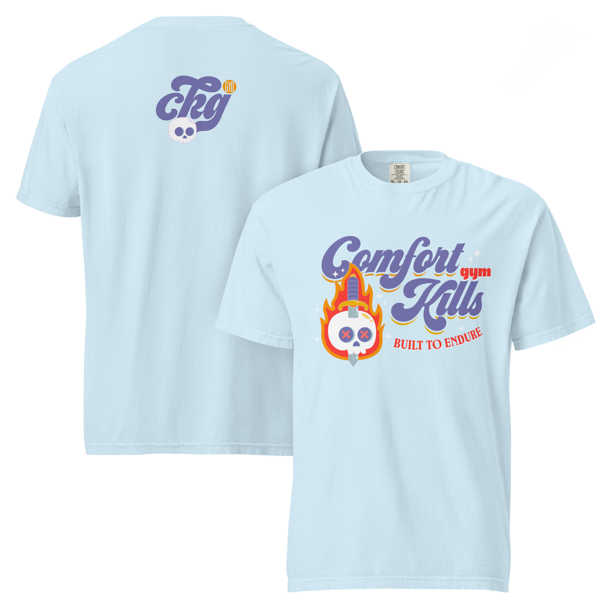 Forged In Fire (chambray tee) — flaming skull with sword, retro script graphic