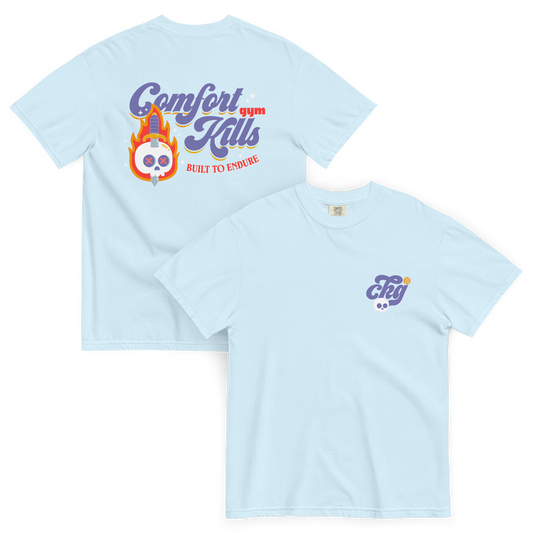 Forged In Fire (chambray tee) — flaming skull with sword, retro script graphic
