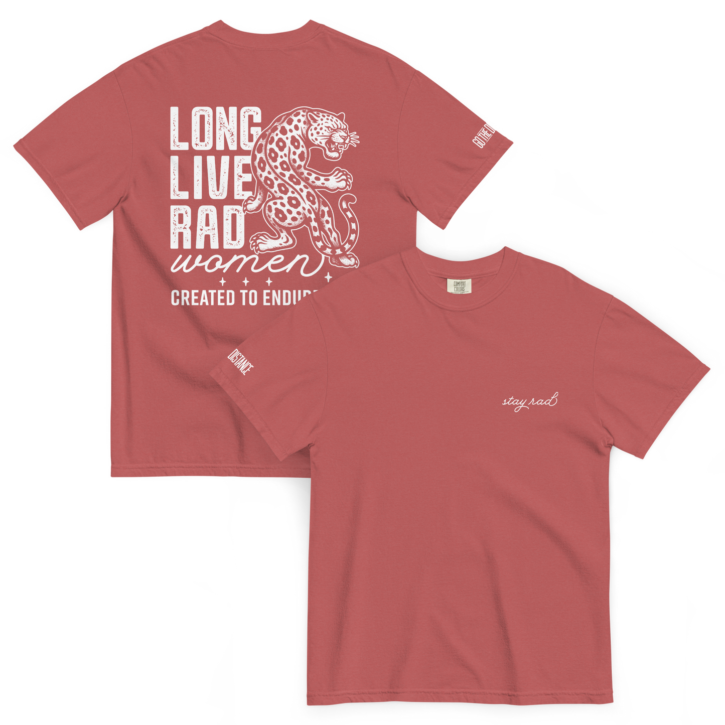 Long Live Rad Women Leapord tee crimson front & back - women who lead & endure, relaxed fit cotton