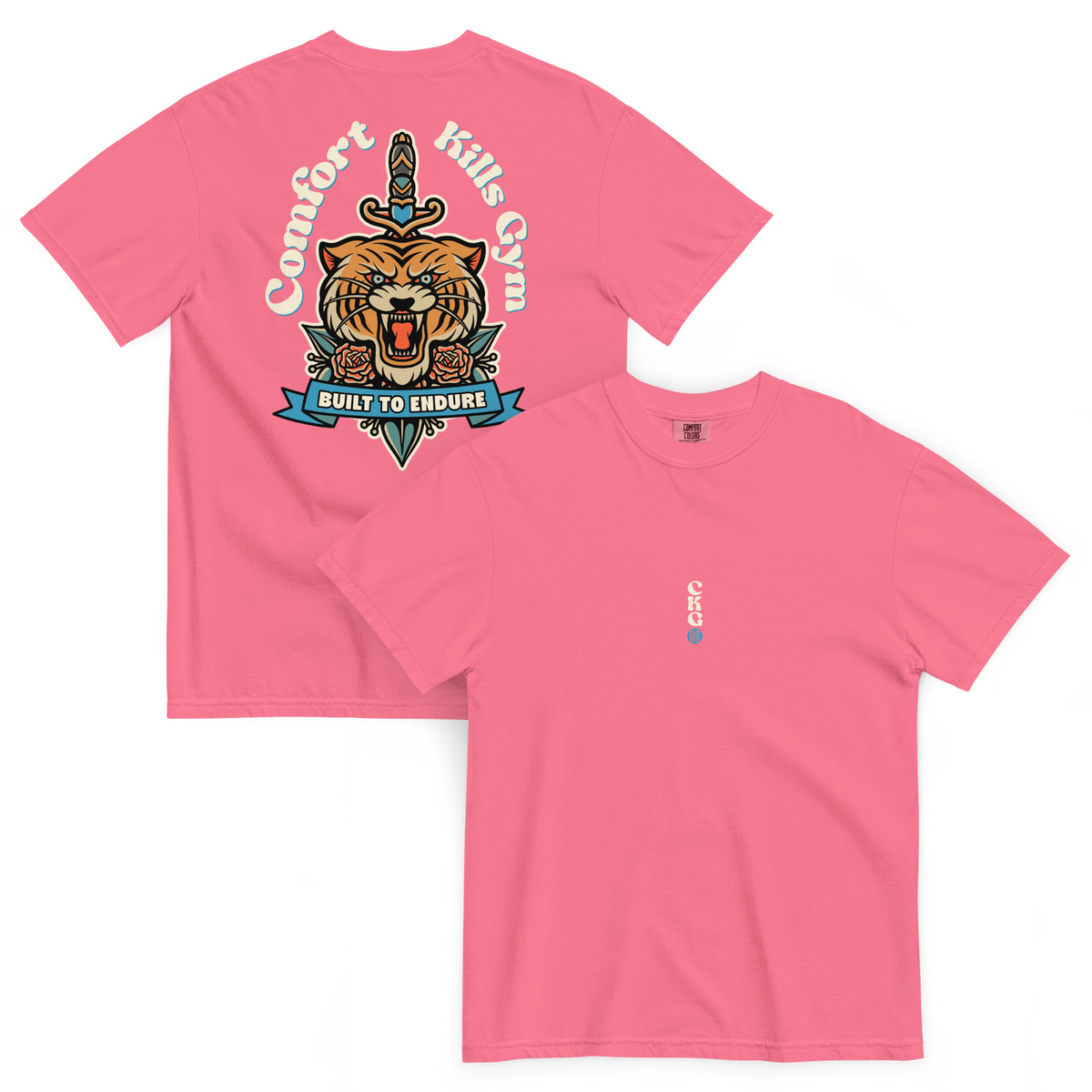 Fierce and Fearless (pink tee) — roaring tiger with dagger and roses, tattoo-style graphic