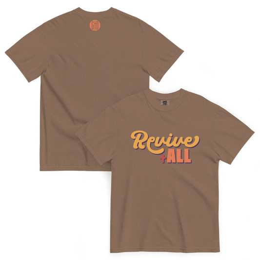 Revive All T-Shirt | Front and back view, espresso brown color – Inspirational & Faith-Based Apparel