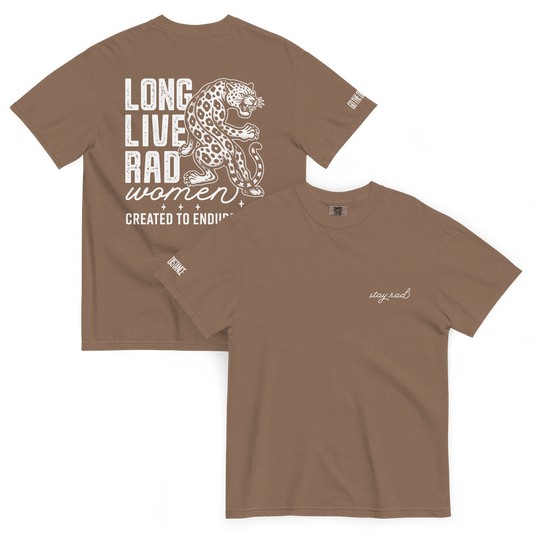 Long Live Rad Women Leapord tee espresso front & back - women who lead & endure, relaxed fit cotton