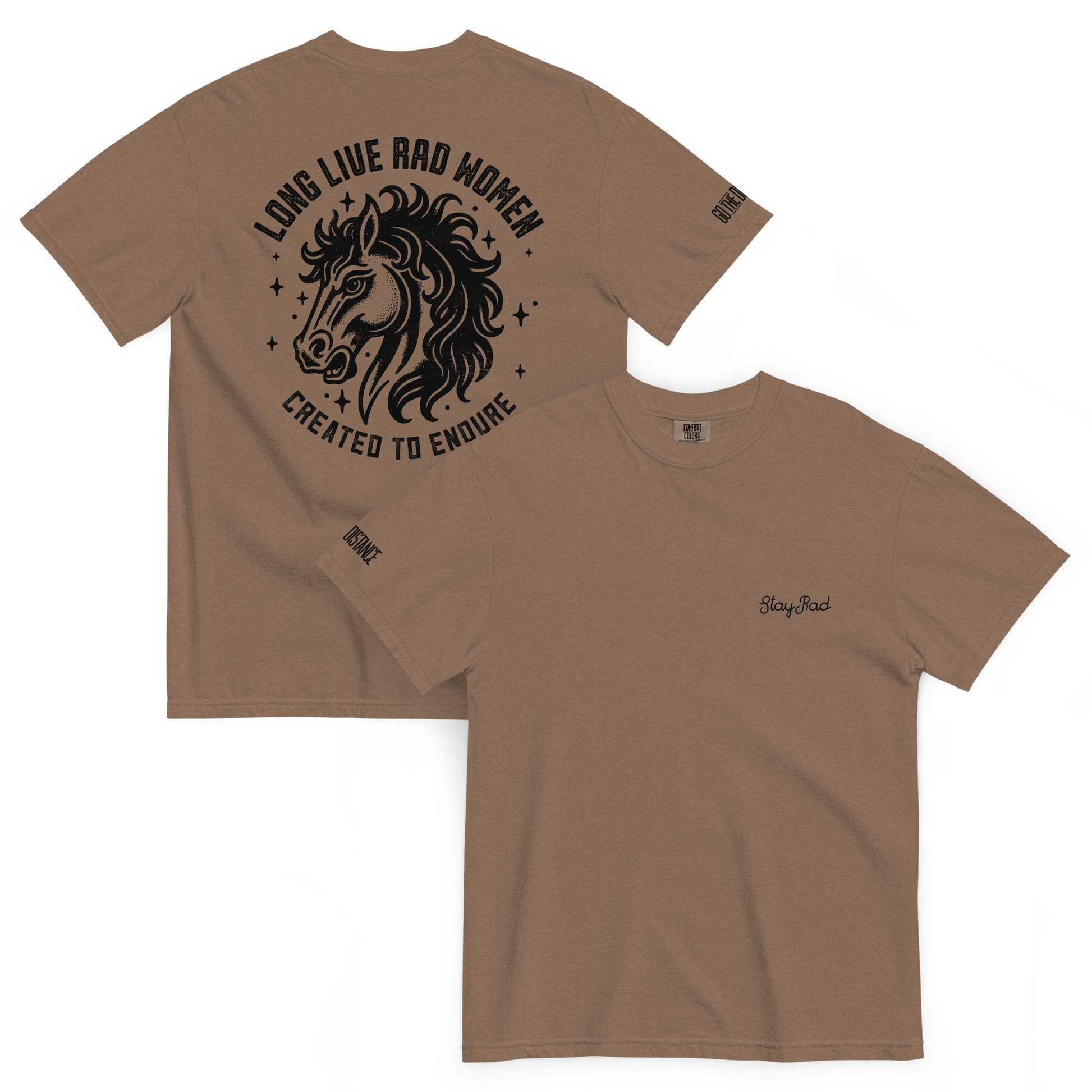 Long Live Rad Women Stallion tee espresso front & back - women who endure with grit, relaxed fit cotton