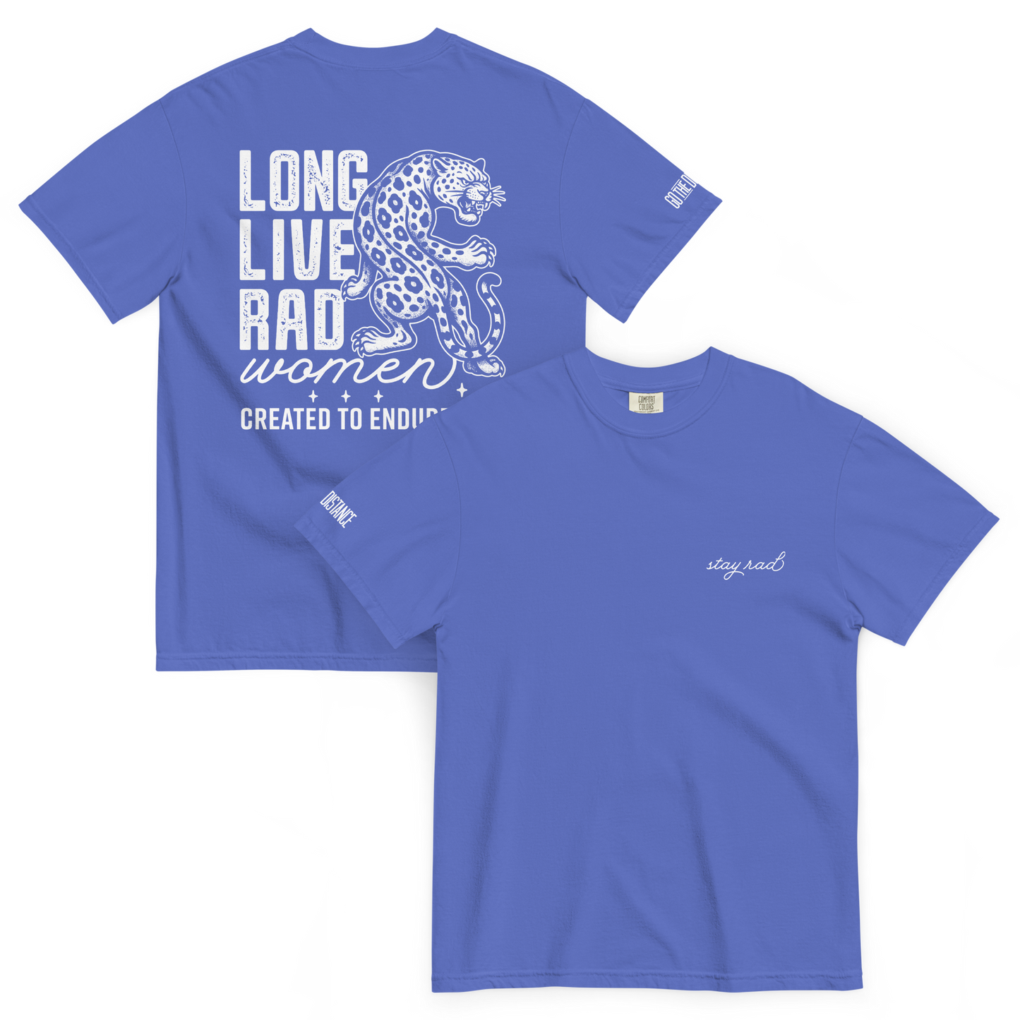 Long Live Rad Women Leapord tee blue front & back - women who lead & endure, relaxed fit cotton