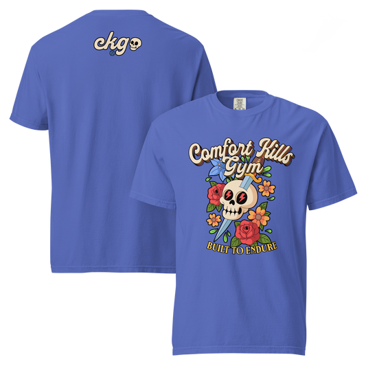 The Beautiful Battle (blue tee) — skull with roses, dagger, floral tattoo-style graphic