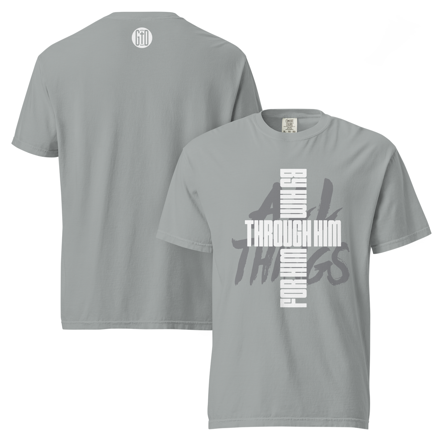 All Things tee granite front & back - Christ reconciles all, garment-dyed cotton