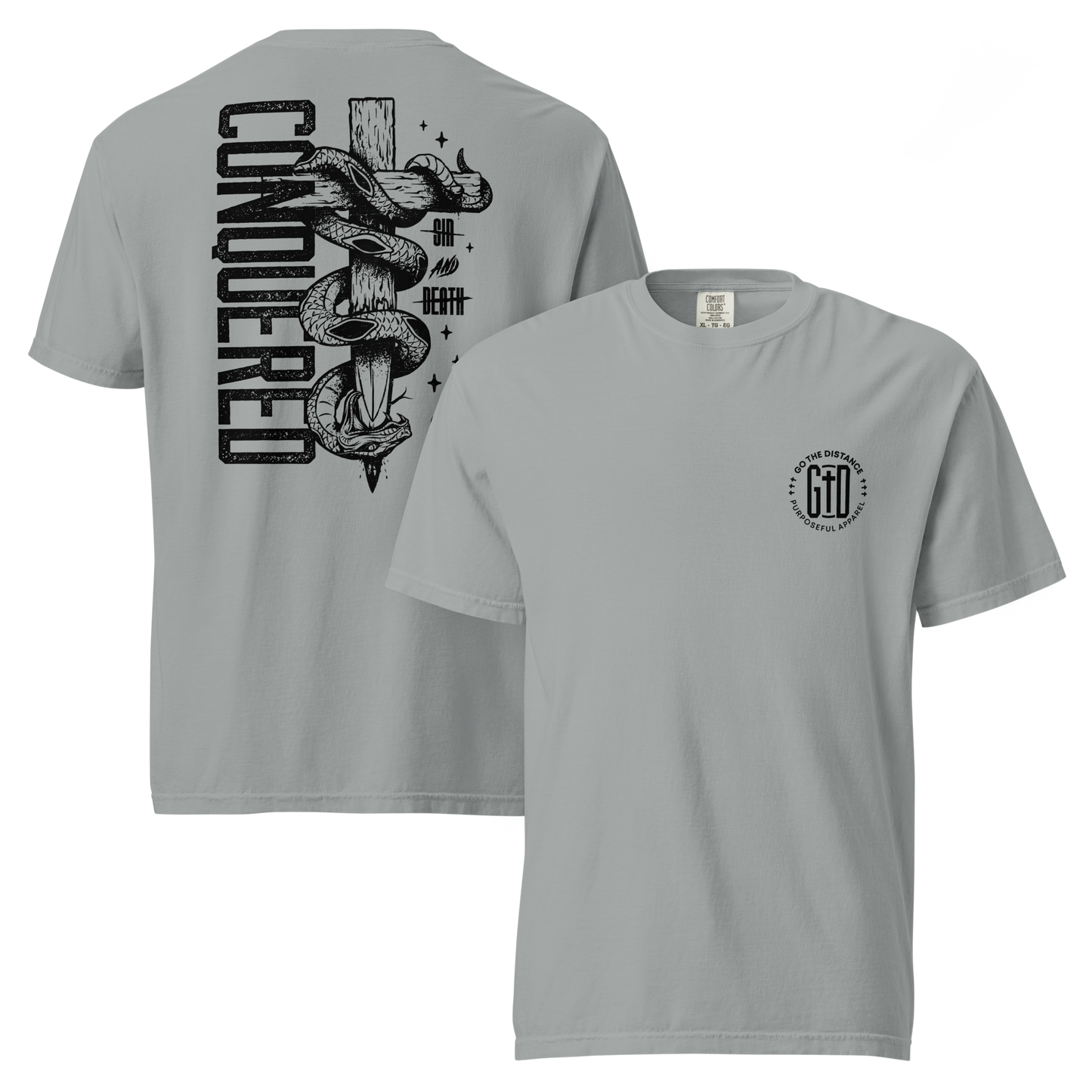 Conquered tee granite front & back - Christ's victory, sin defeated, death disarmed