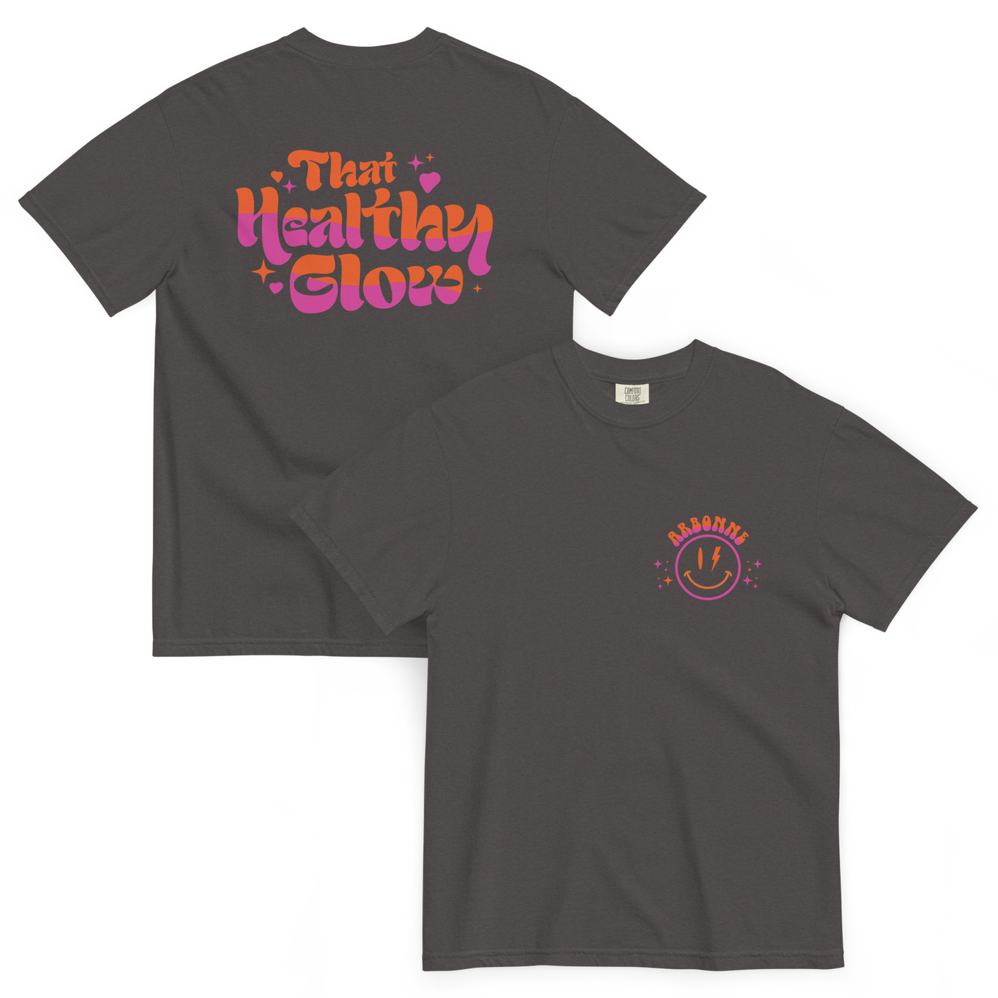 That Healthy Glow Relaxed Fit T-Shirt | Front and back view, dark gray color – Premium Cotton Wellness Apparel