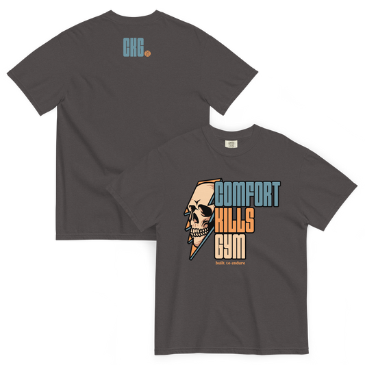 Perseverance Strikes (graphite tee) — skull inside lightning bolt, bold block lettering graphic