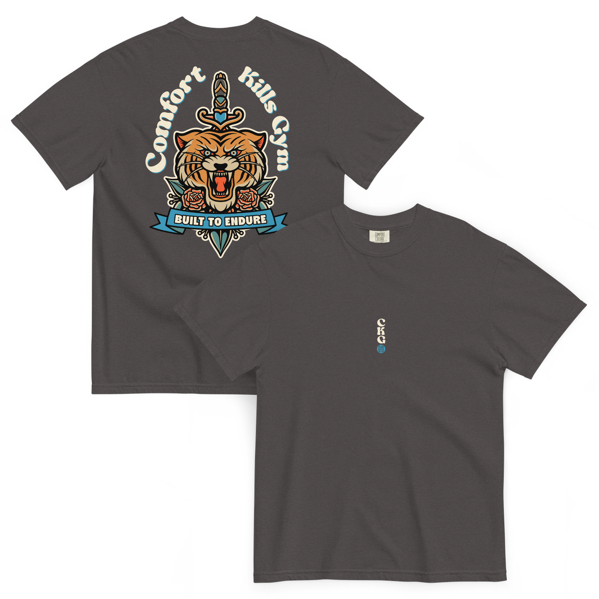 Fierce and Fearless (grey tee) — roaring tiger with dagger and roses, tattoo-style graphic