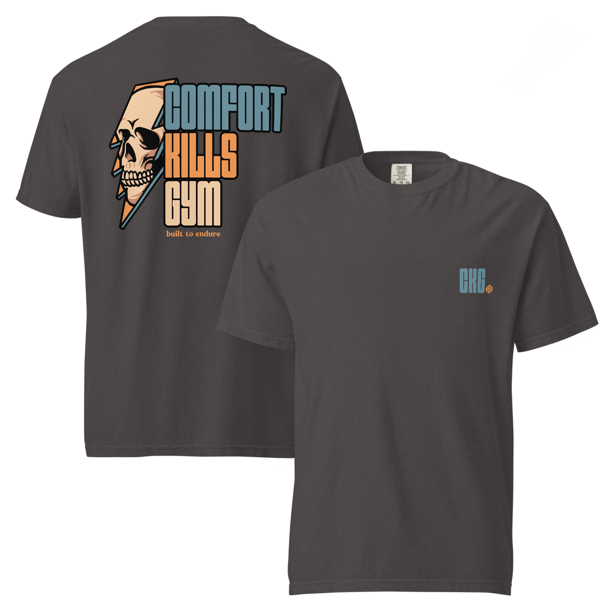 Perseverance Strikes (graphite tee) — skull inside lightning bolt, bold block lettering graphic