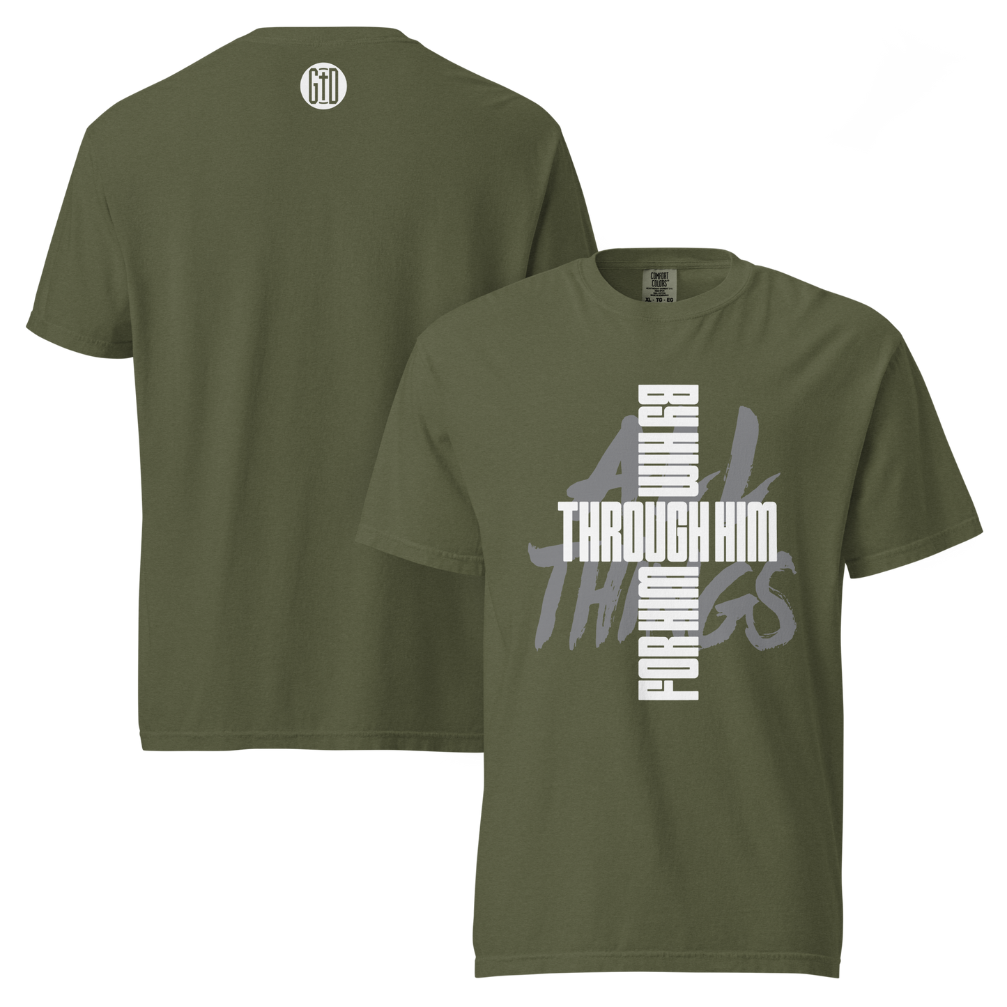 All Things tee hemp front & back - Christ reconciles all, garment-dyed cotton