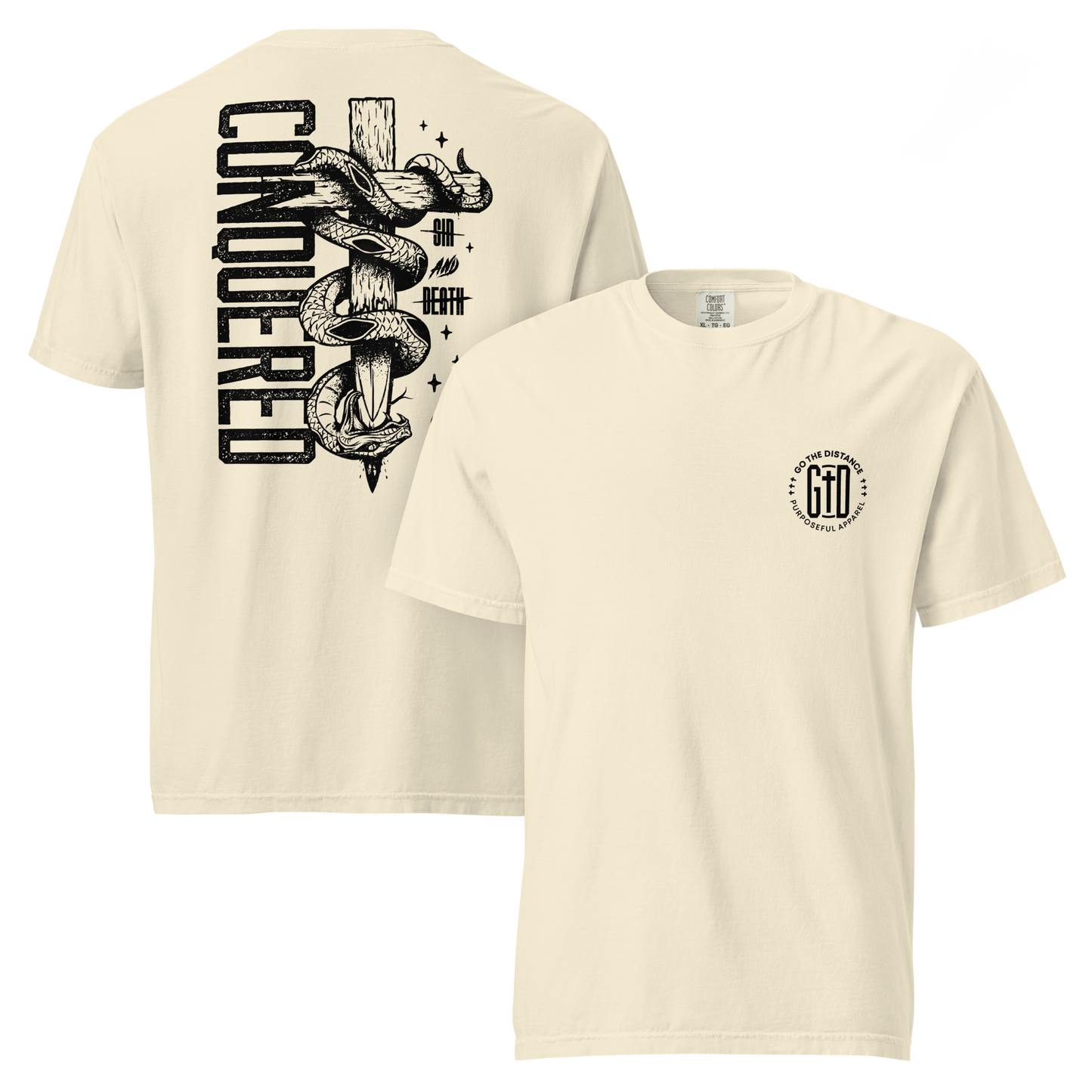 Conquered tee ivory front & back - Christ's victory, sin defeated, death disarmed