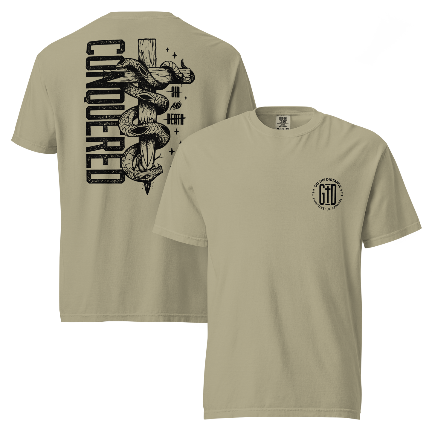Conquered tee khaki front & back - Christ's victory, sin defeated, death disarmed
