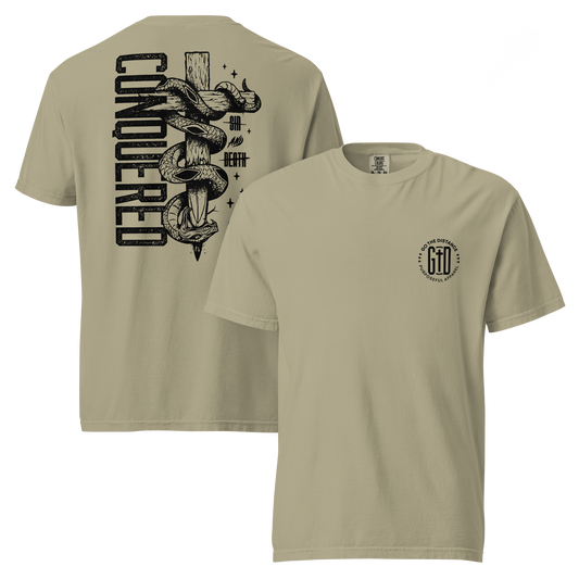 Conquered tee khaki front & back - Christ's victory, sin defeated, death disarmed